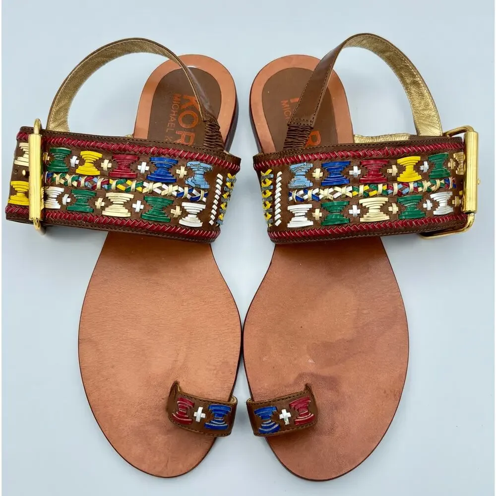 Michael Kors Woven Multicolor Leather Sandals Boho Slingback Toe Loop Size 8 - Picture 2 of 10